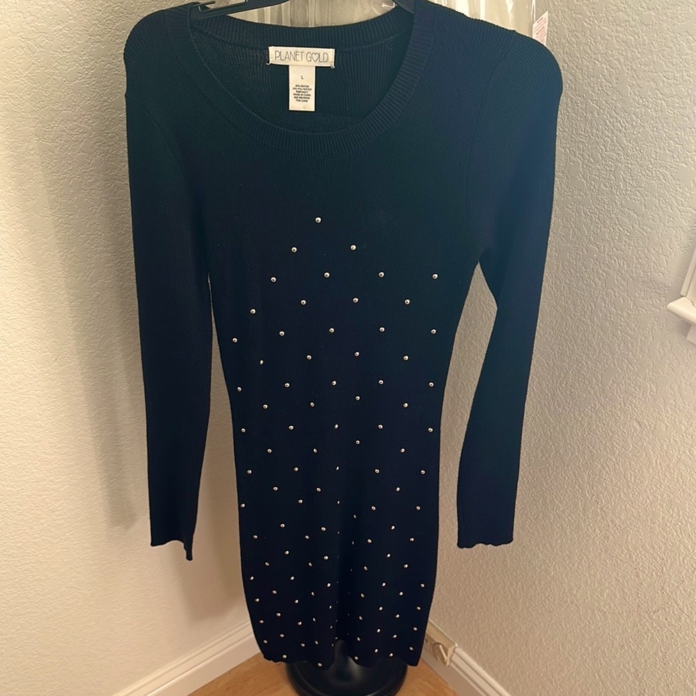 Planet Gold Blue Long Sleeve V-Neck Sweater Dress